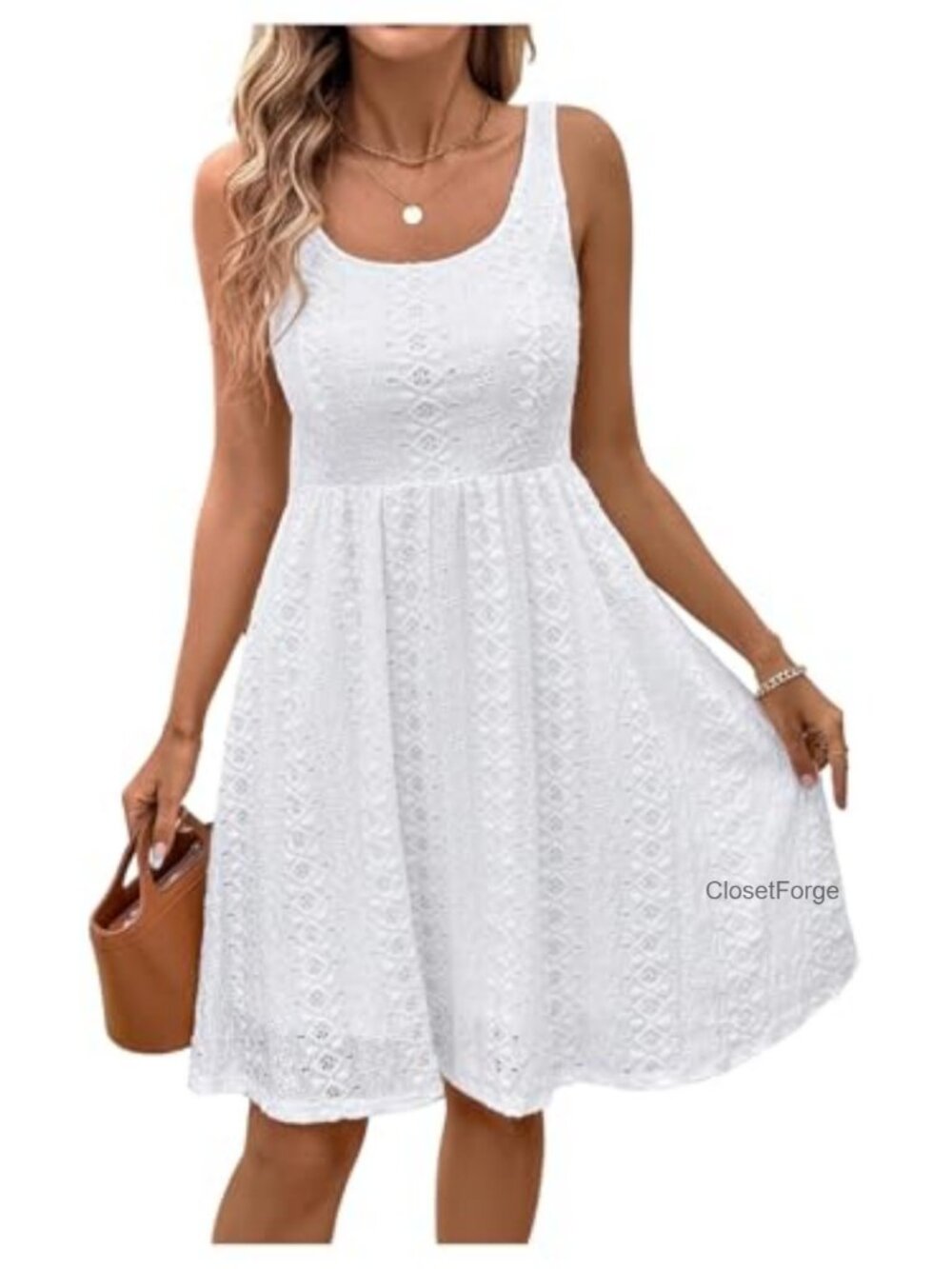 Sleeveless Square Neck Eyelet Embroidery A-Line Casual Summer Short Dress
